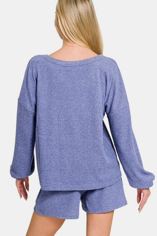 Zenana V-Neck Long Sleeve Ribbed Top and Shorts Set - Classique Collection