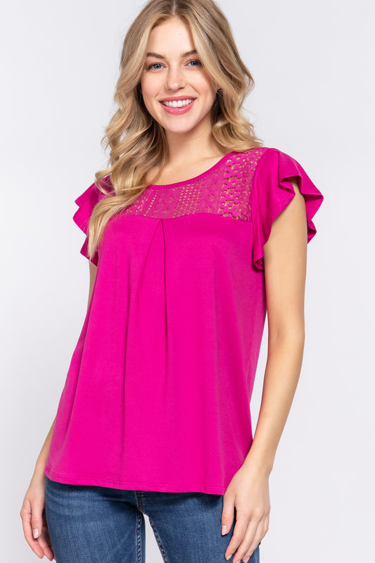 ACTIVE BASIC Ruffle Short Sleeve Lace Detail Knit Top - Classique Collection