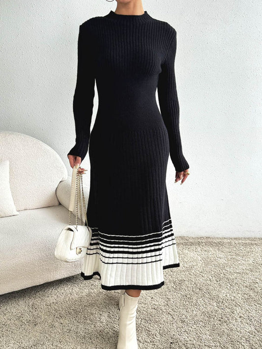 Contrast Mock Neck Long Sleeve Sweater Dress - Classique Collection
