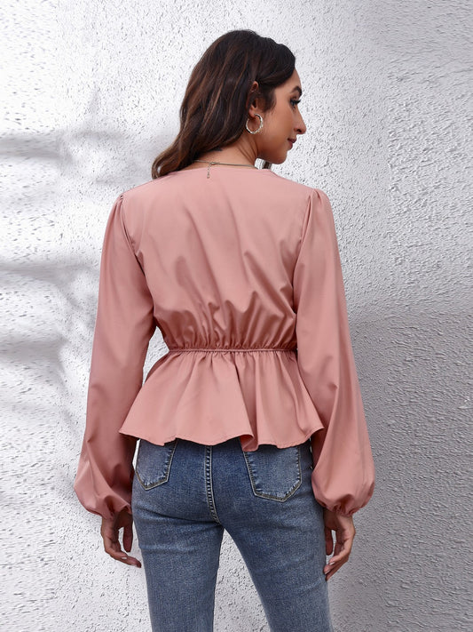 V-Neck Balloon Sleeve Peplum Blouse - Classique Collection