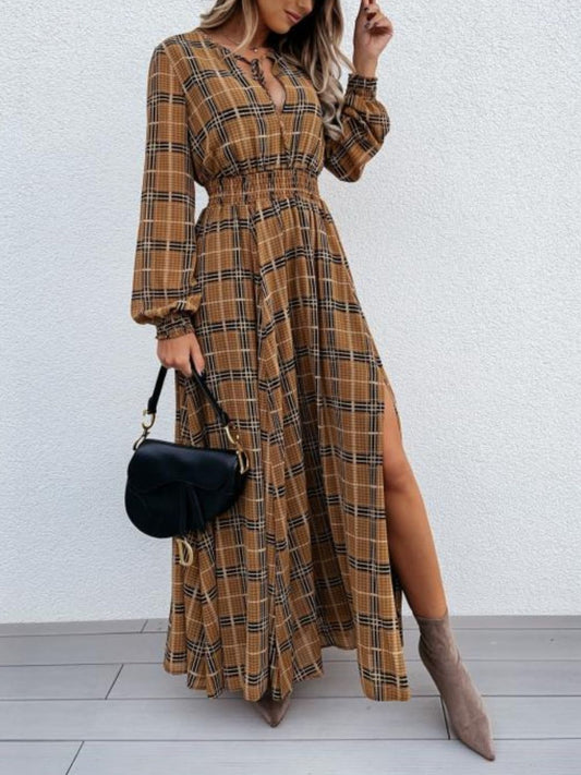 Slit Plaid Tie Neck Long Sleeve Maxi Dress - Classique Collection