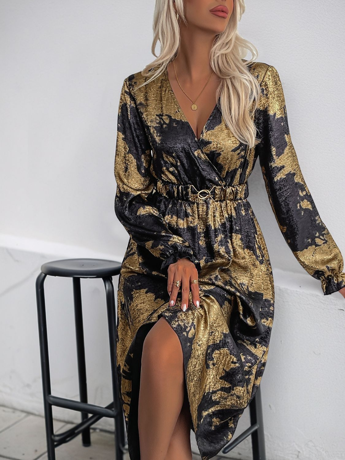 Perfee Printed Surplice Long Sleeve Midi Dress - Classique Collection