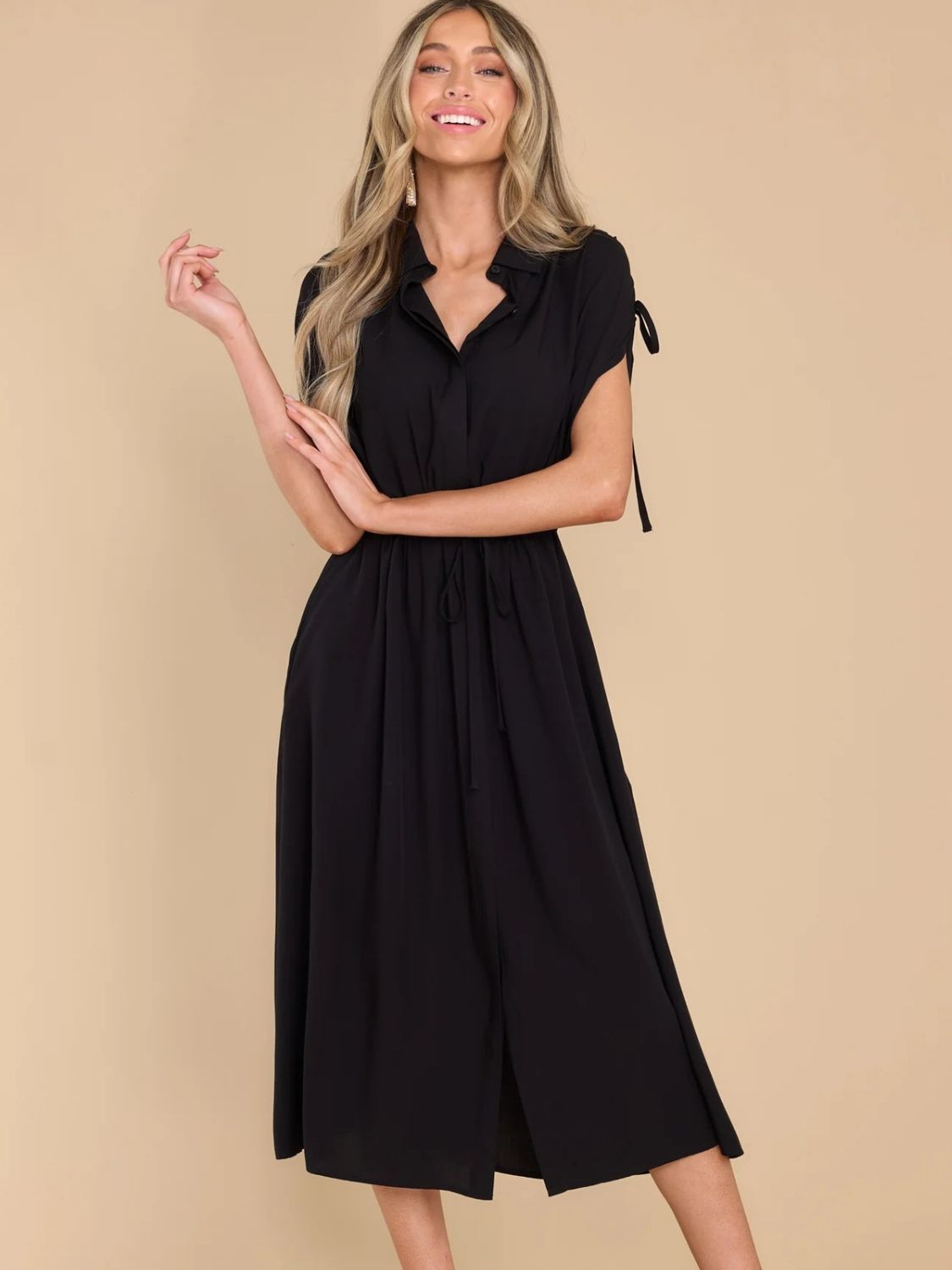 Drawstring Collared Neck Short Sleeve Midi Dress - Classique Collection