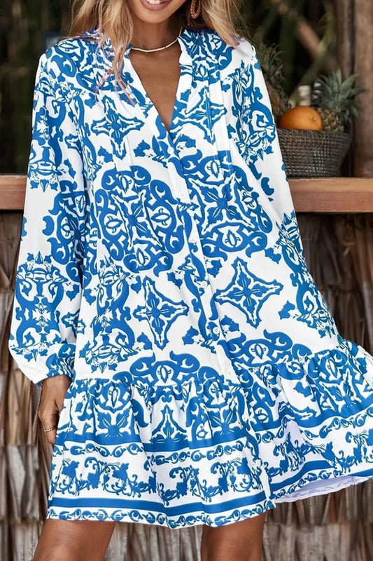 Ruffled Printed Notched Long Sleeve Dress - Classique Collection