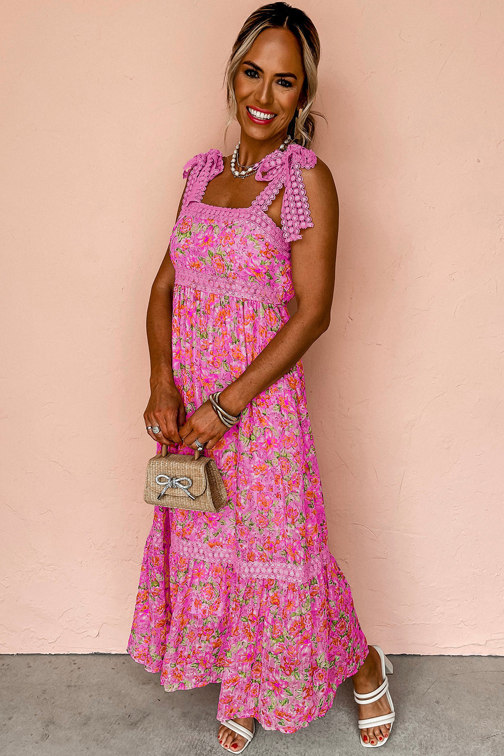 Rose Floral Lace Tied Strap Empire Waist Maxi Dress ClassiQ