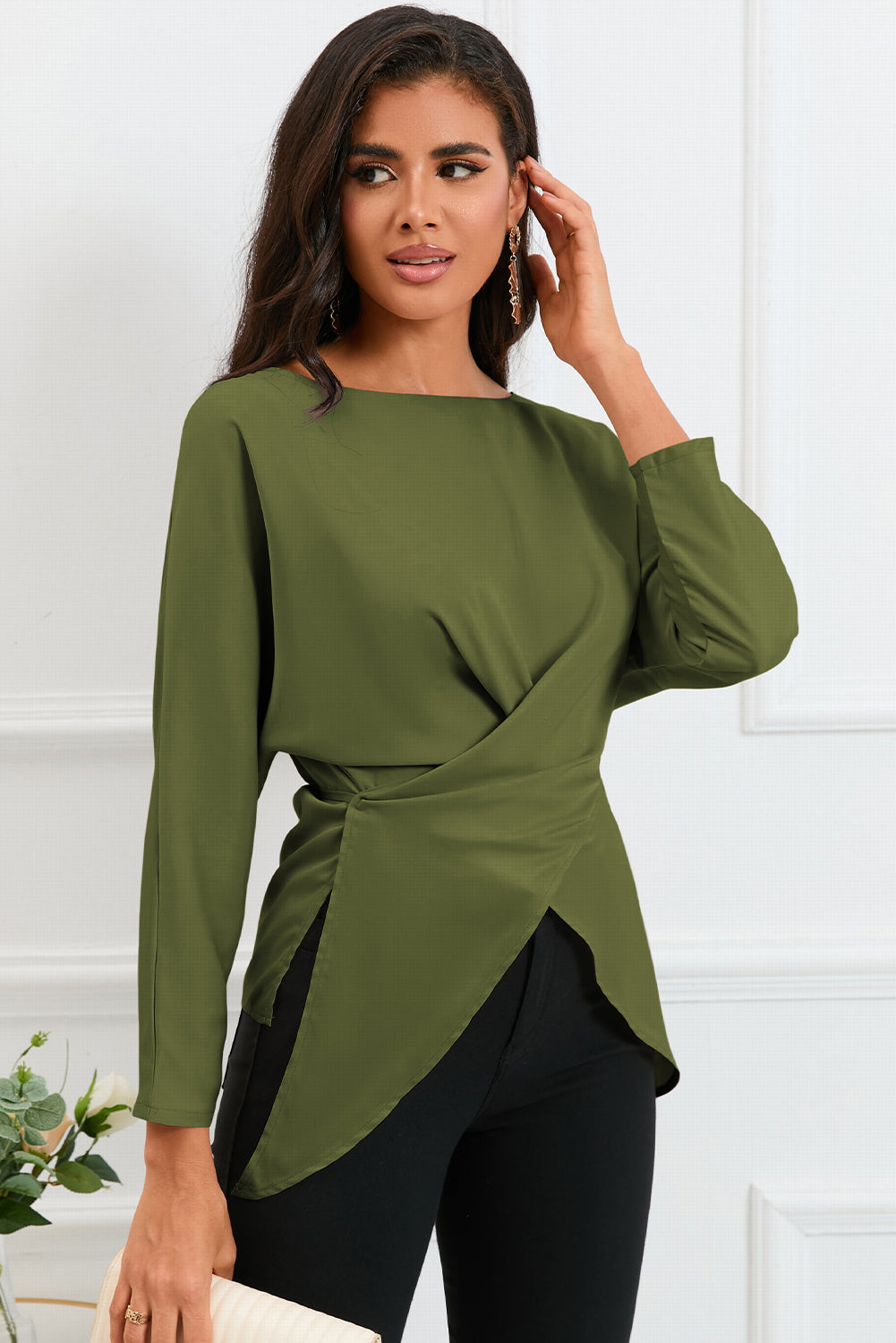 Boat Neck Back Tie Long Sleeve Satin Blouse - Classique Collection