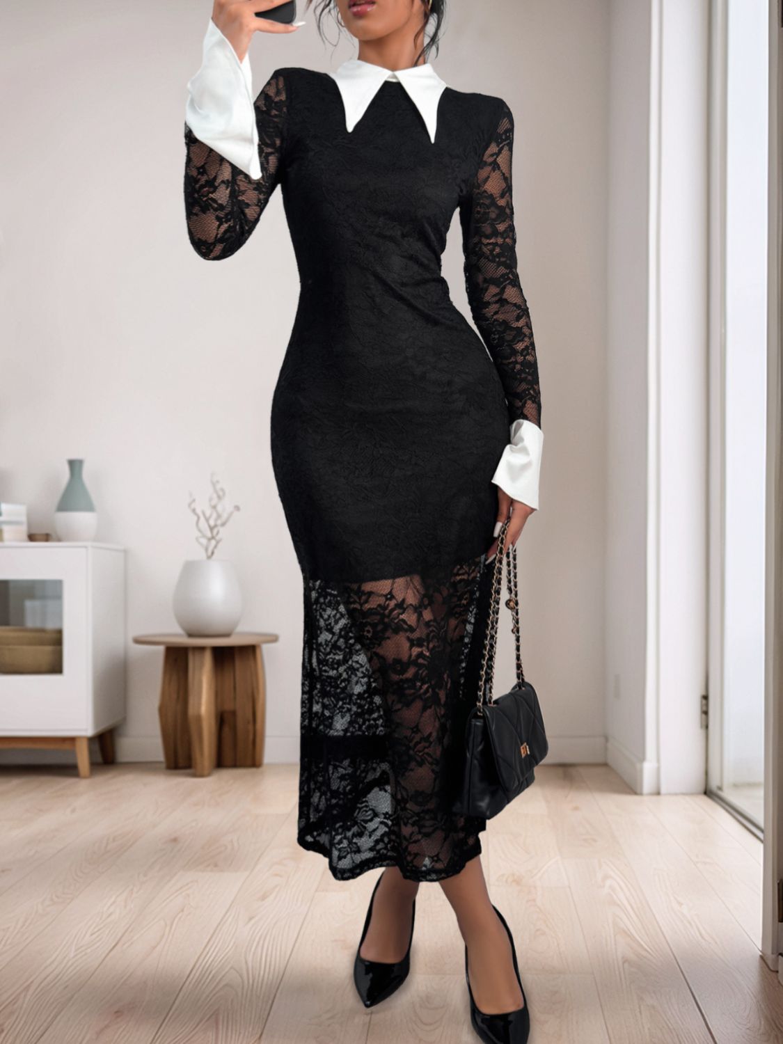 Perfee Lace Contrast Collared Neck Long Sleeve Midi Dress - Classique Collection