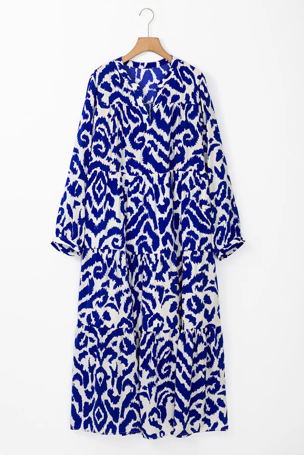 Tiered Printed Notched Long Sleeve Midi Dress - Classique Collection