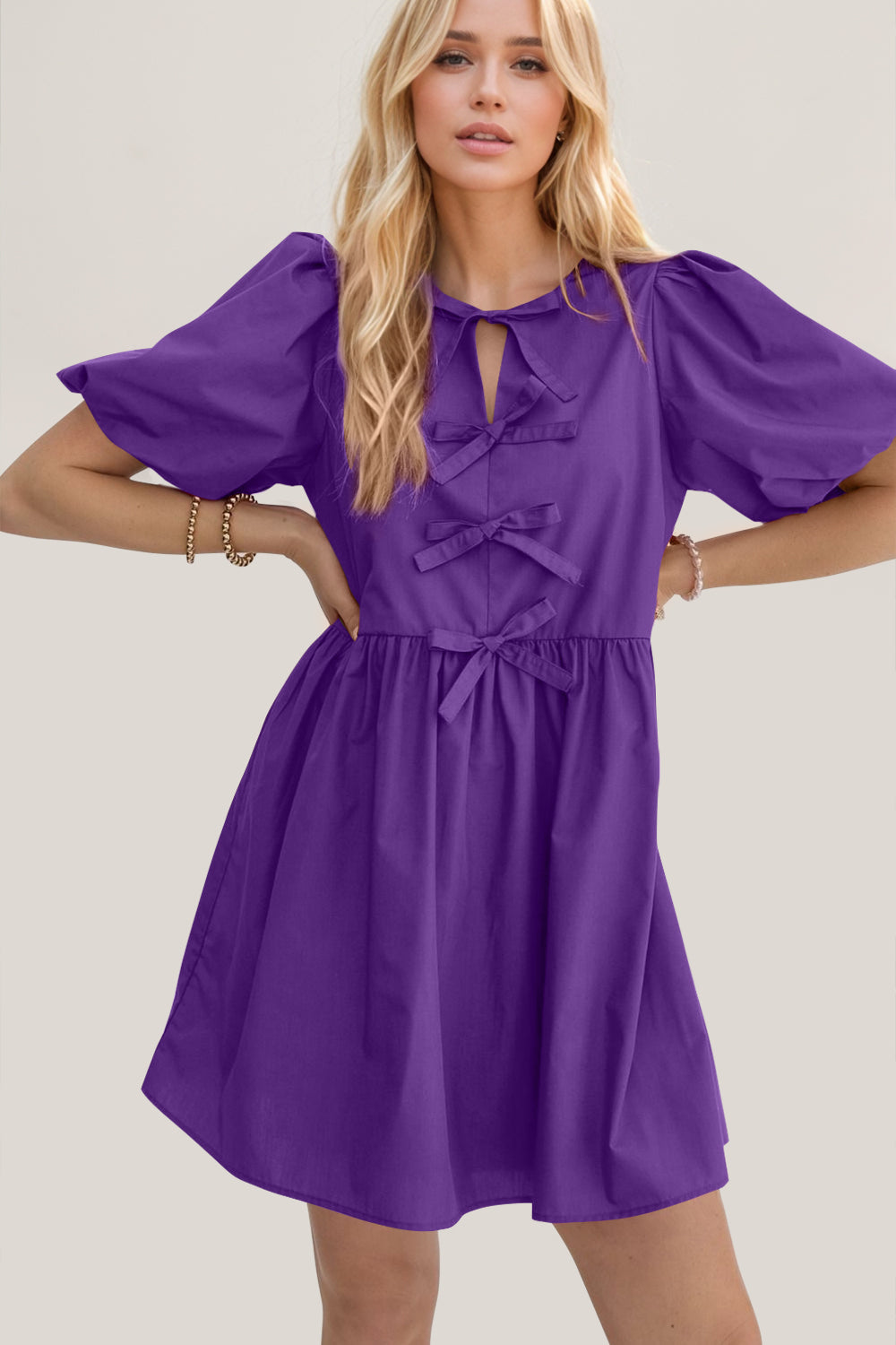 Oh Bow Ruched Puff Sleeve Mini Dress - Classique Collection