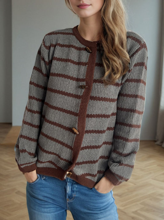 Striped Round Neck Long Sleeve Cardigan - ClassiQ