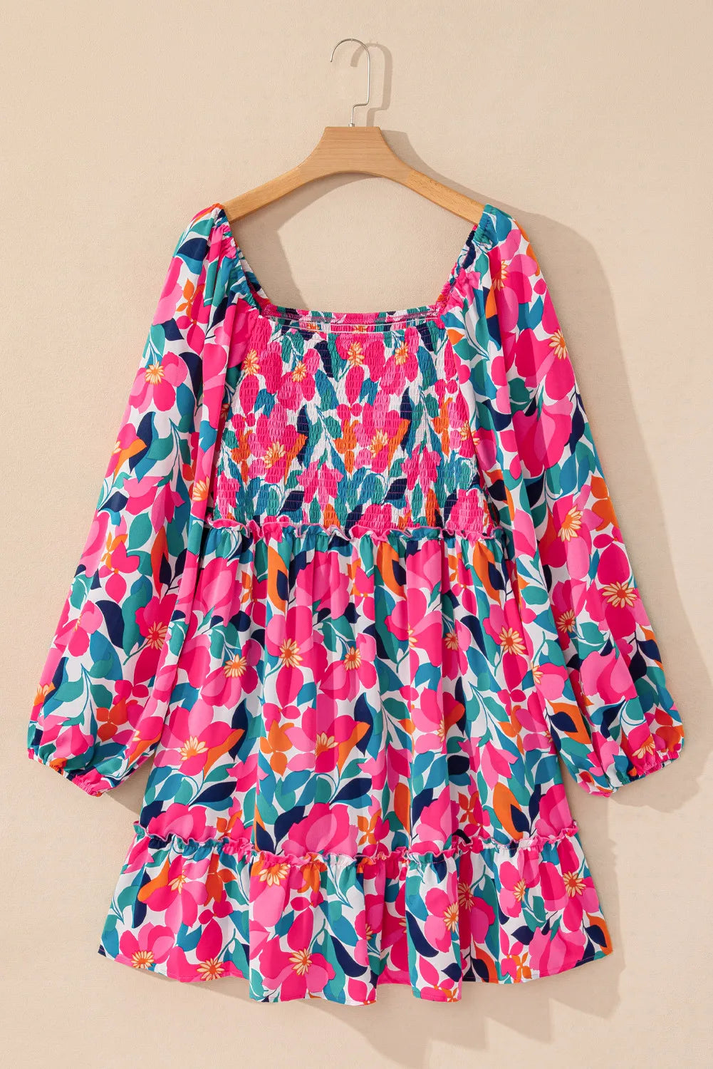 Plus Size Smocked Floral Square Neck Balloon Sleeve Dress - Classique Collection