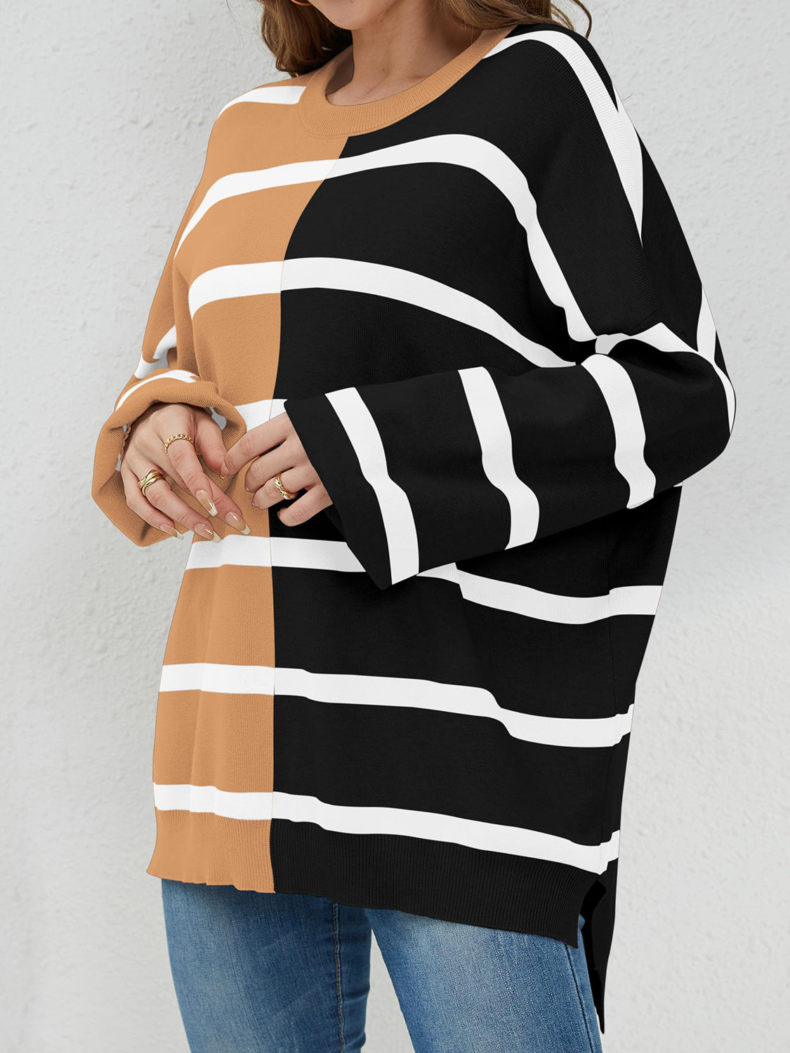 Striped Round Neck Long Sleeve Sweater - ClassiQ