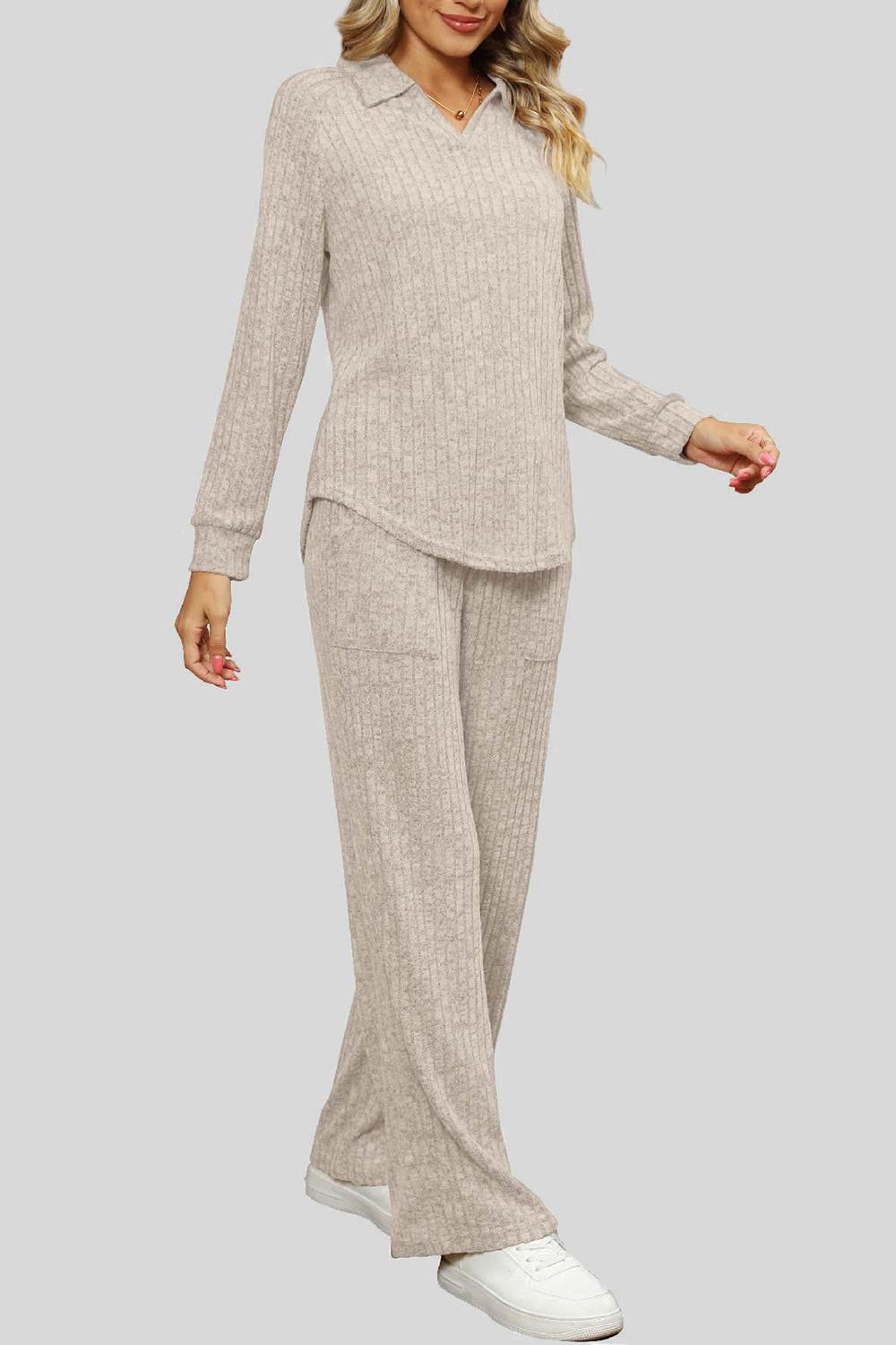 Ribbed Long Sleeve Top and Pocketed Pants Set - ClassiQ