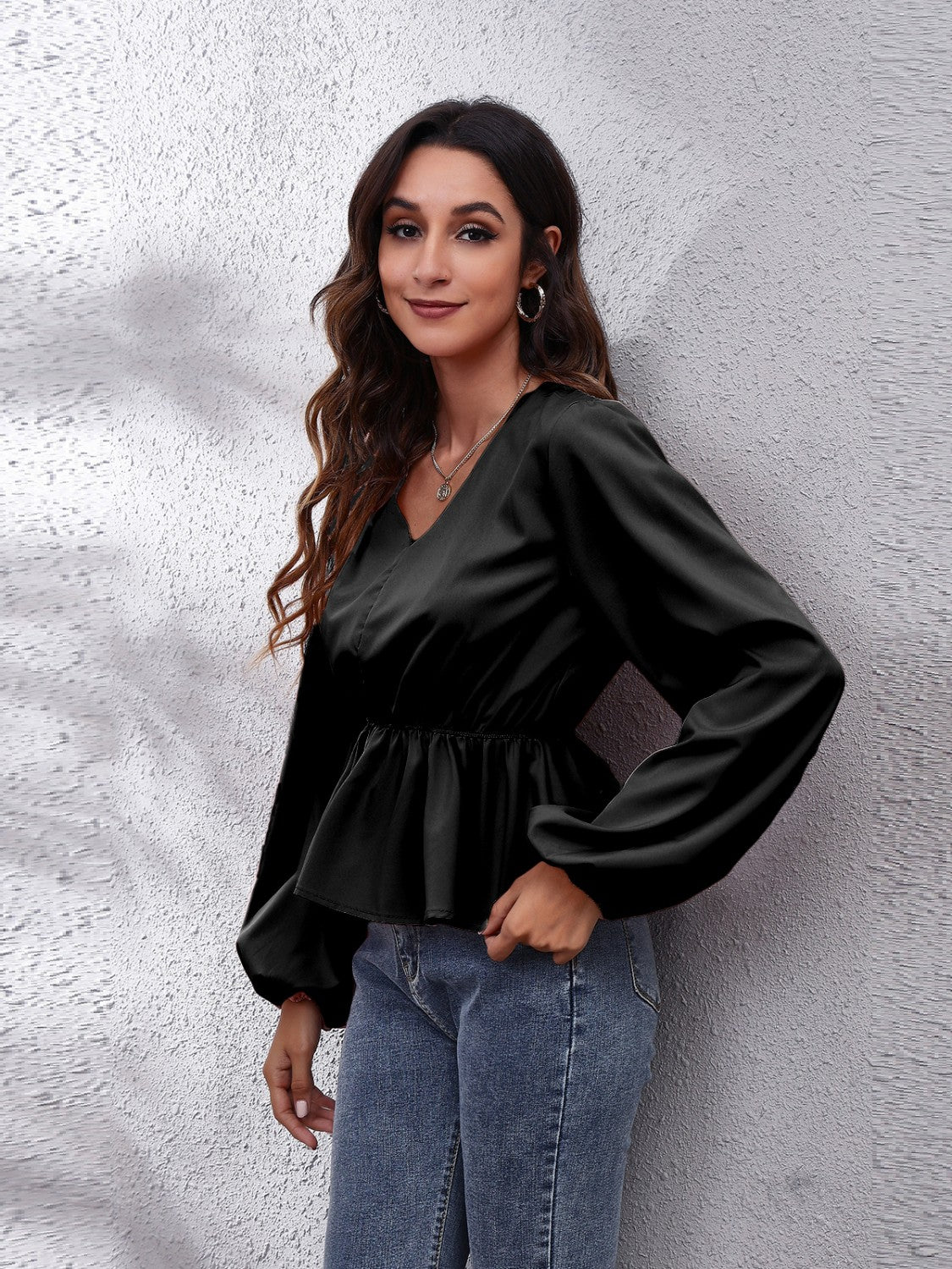 V-Neck Balloon Sleeve Peplum Blouse - Classique Collection