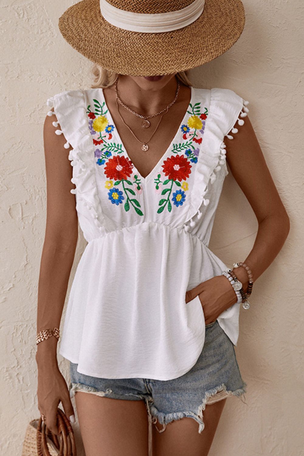 Perfee Embroidered Pom-Pom Trim Cap Sleeve Babydoll Top - Classique Collection