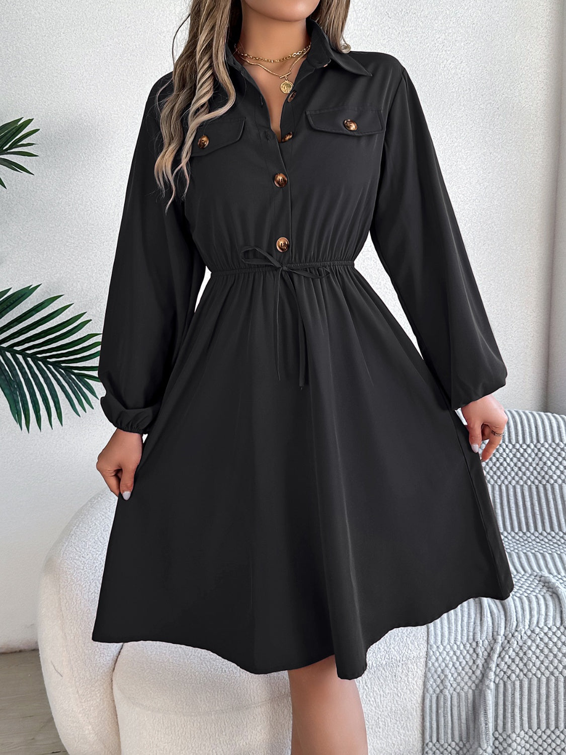 Collared Neck Long Sleeve Dress with Pockets - Classique Collection