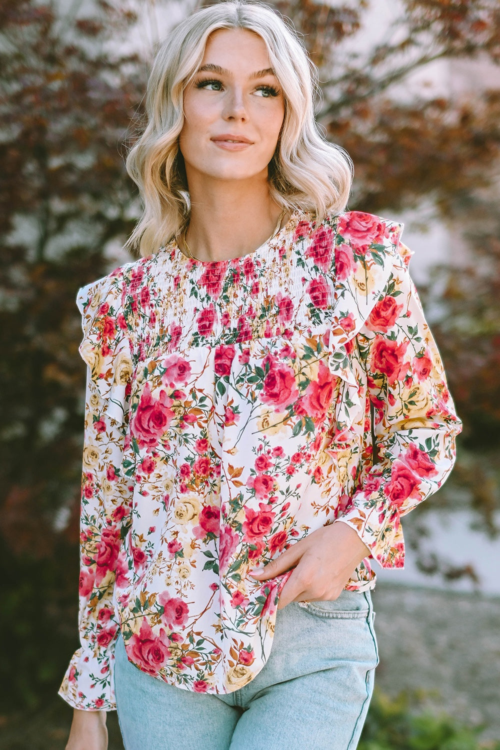 Floral Round Neck Smocked Blouse - ClassiQ