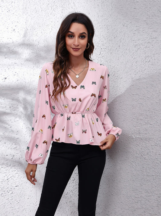 Butterfly V-Neck Balloon Sleeve Peplum Blouse - ClassiQ