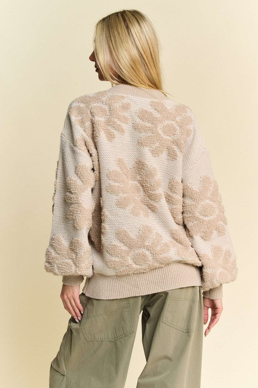 Davi & Dani Flower Texture Round Neck Dropped Shoulder Sweater - Classique Collection