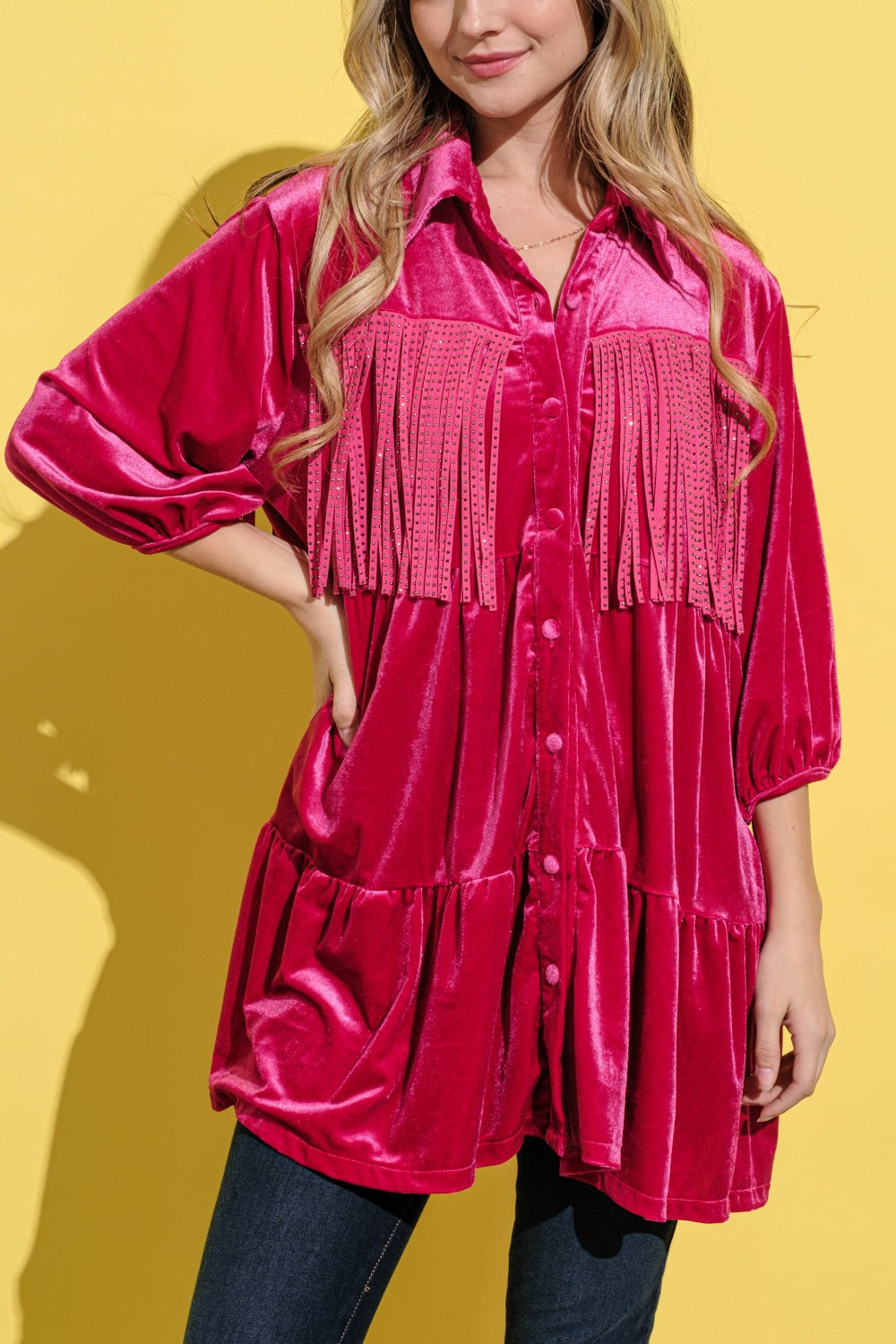 And The Why Fringe Detailed Velvet Shirt Dress - Classique Collection
