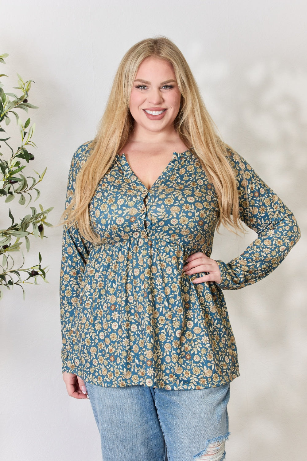 Heimish Full Size Floral Half Button Long Sleeve Blouse - Classique Collection