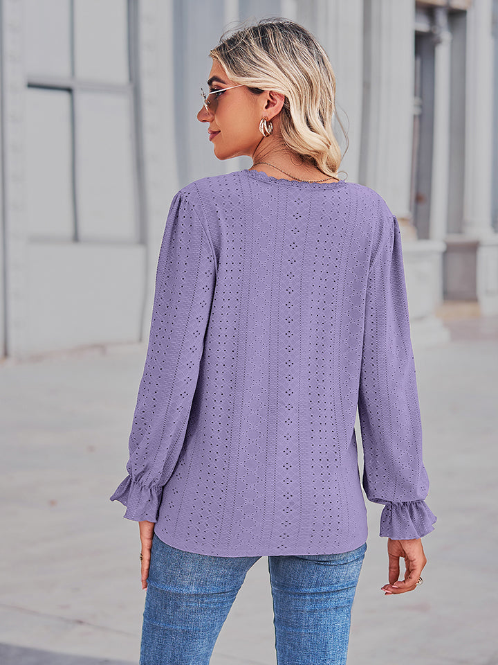 Eyelet V-Neck Flounce Sleeve Blouse - Classique Collection