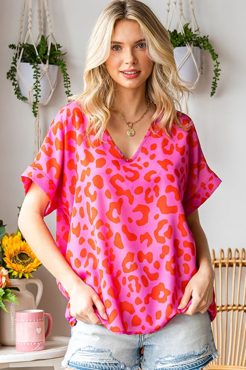 First Love Leopard V-Neck Short Sleeve Woven Top - ClassiQ