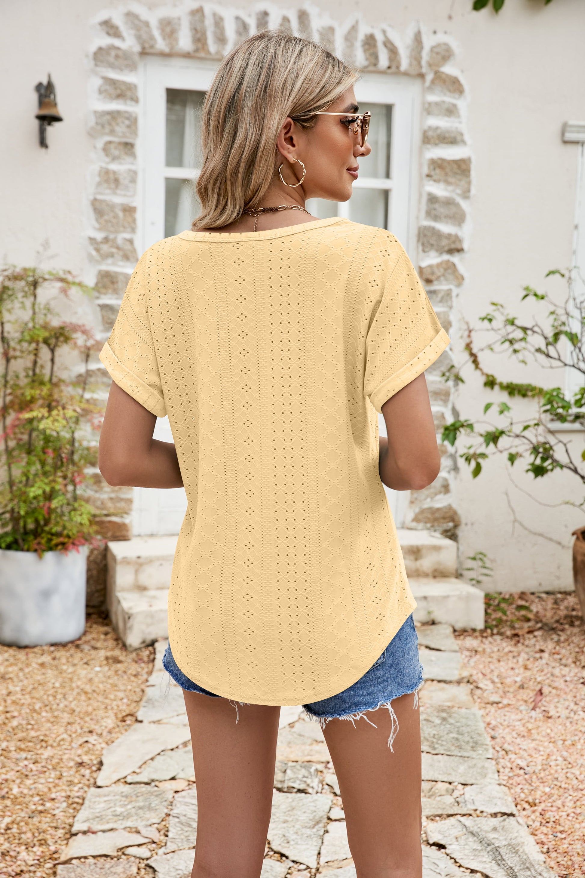Full Size Round Neck Eyelet Short Sleeve Top - Classique Collection