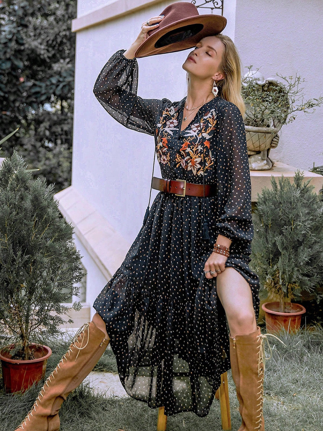 Embroidered Polka Dot Tie Neck Long Sleeve Midi Dress - Classique Collection
