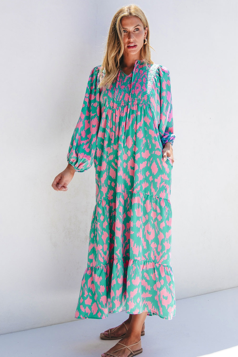 Smocked Printed Tie Neck Long Sleeve Dress - Classique Collection