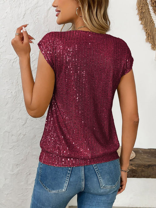 Sequin V-Neck Cap Sleeve Top - Classique Collection