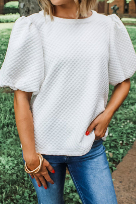 Textured Round Neck Puff Sleeve Blouse - Classique Collection