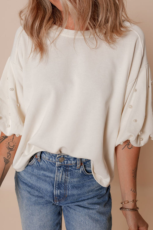 Pearl Detail Round Neck Half Sleeve Blouse - Classique Collection