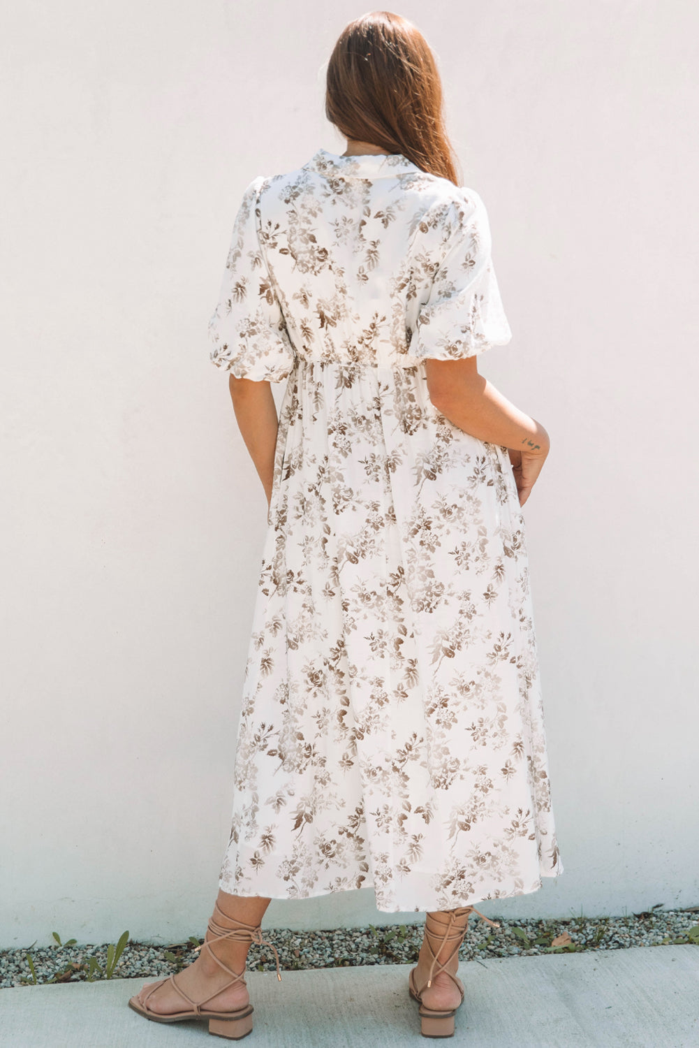 Khaki Floral Puff Sleeve V Neck Buttoned Front Maxi Dress ClassiQ