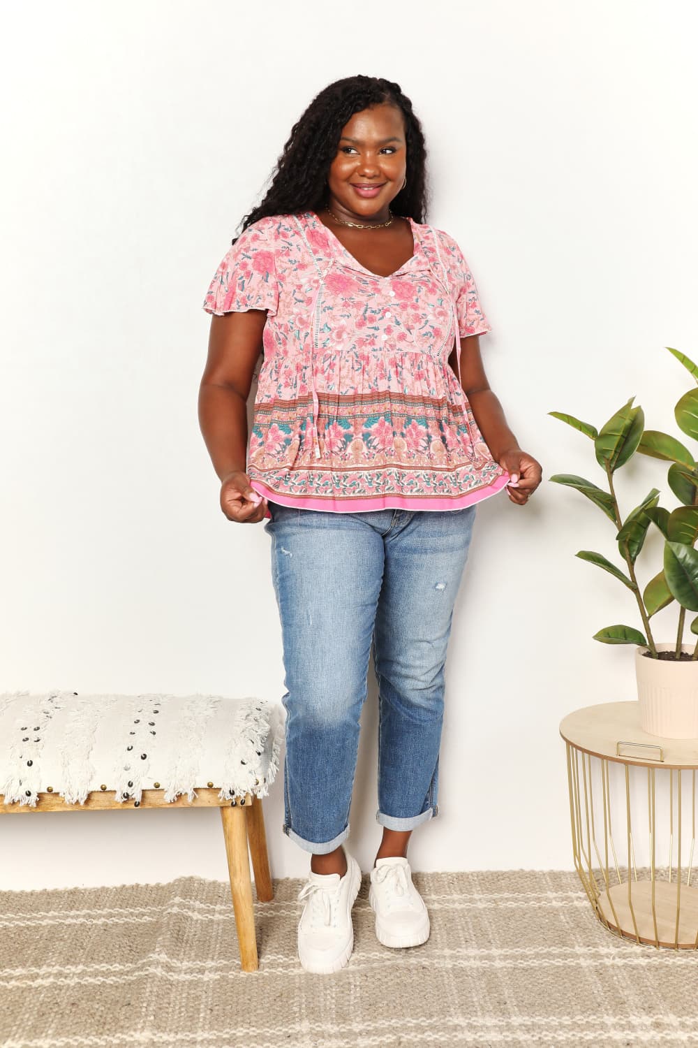 Perfee Bohemian Decorative Button Tie-Neck Peplum Blouse - Classique Collection