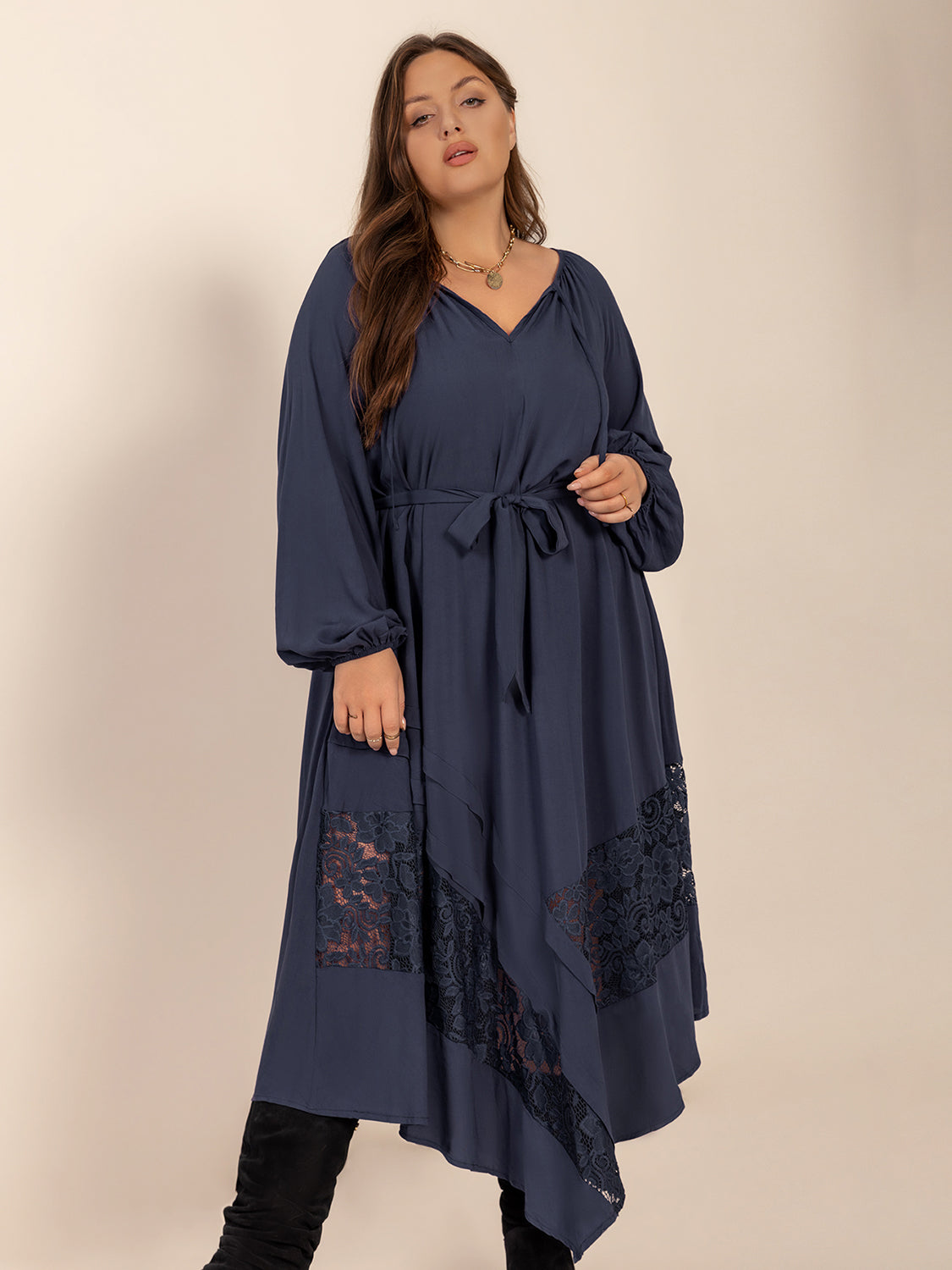 Plus Size Lace Detail Tie Neck Long Sleeve Midi Dress - Classique Collection