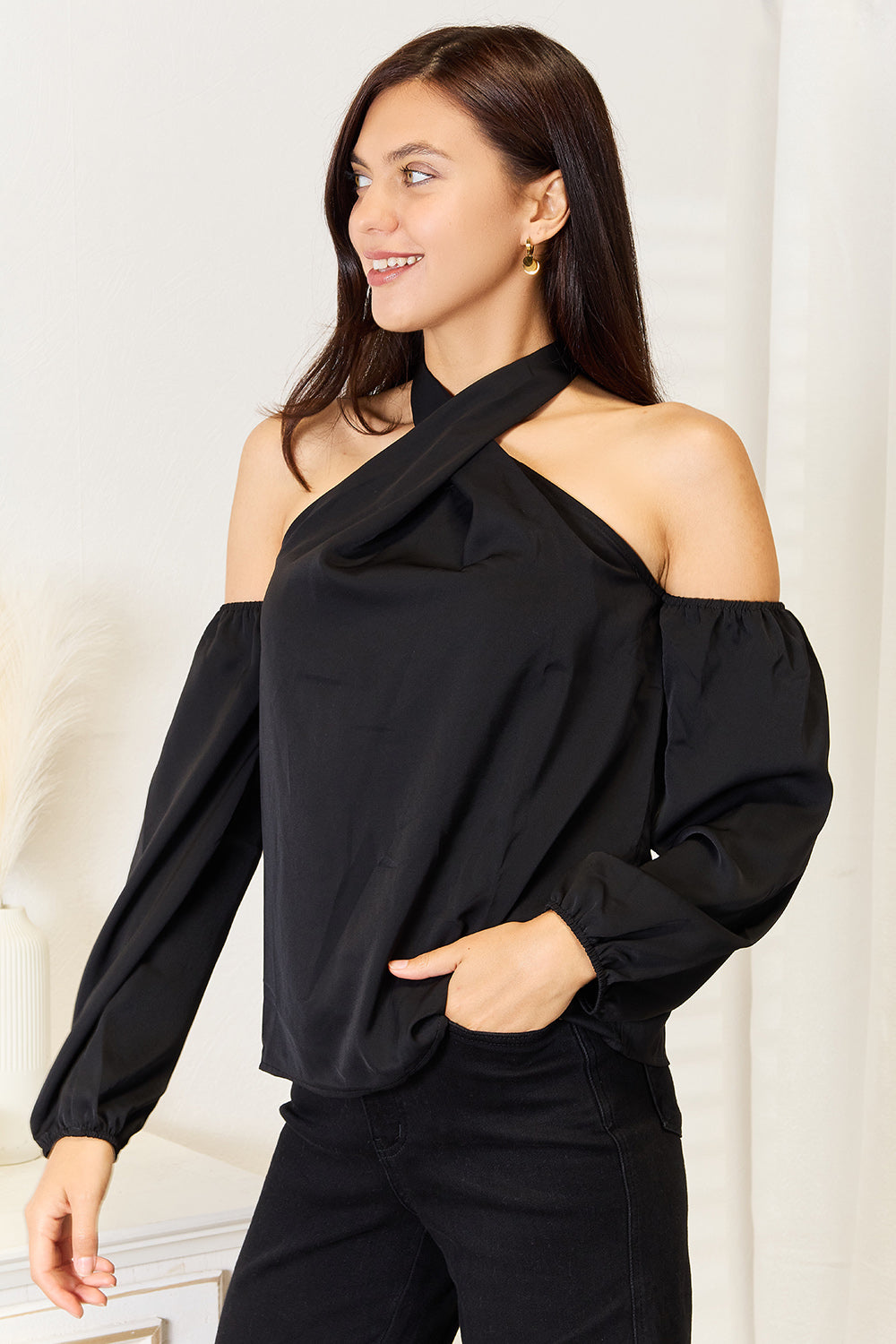 Perfee Grecian Cold Shoulder Long Sleeve Blouse - ClassiQ