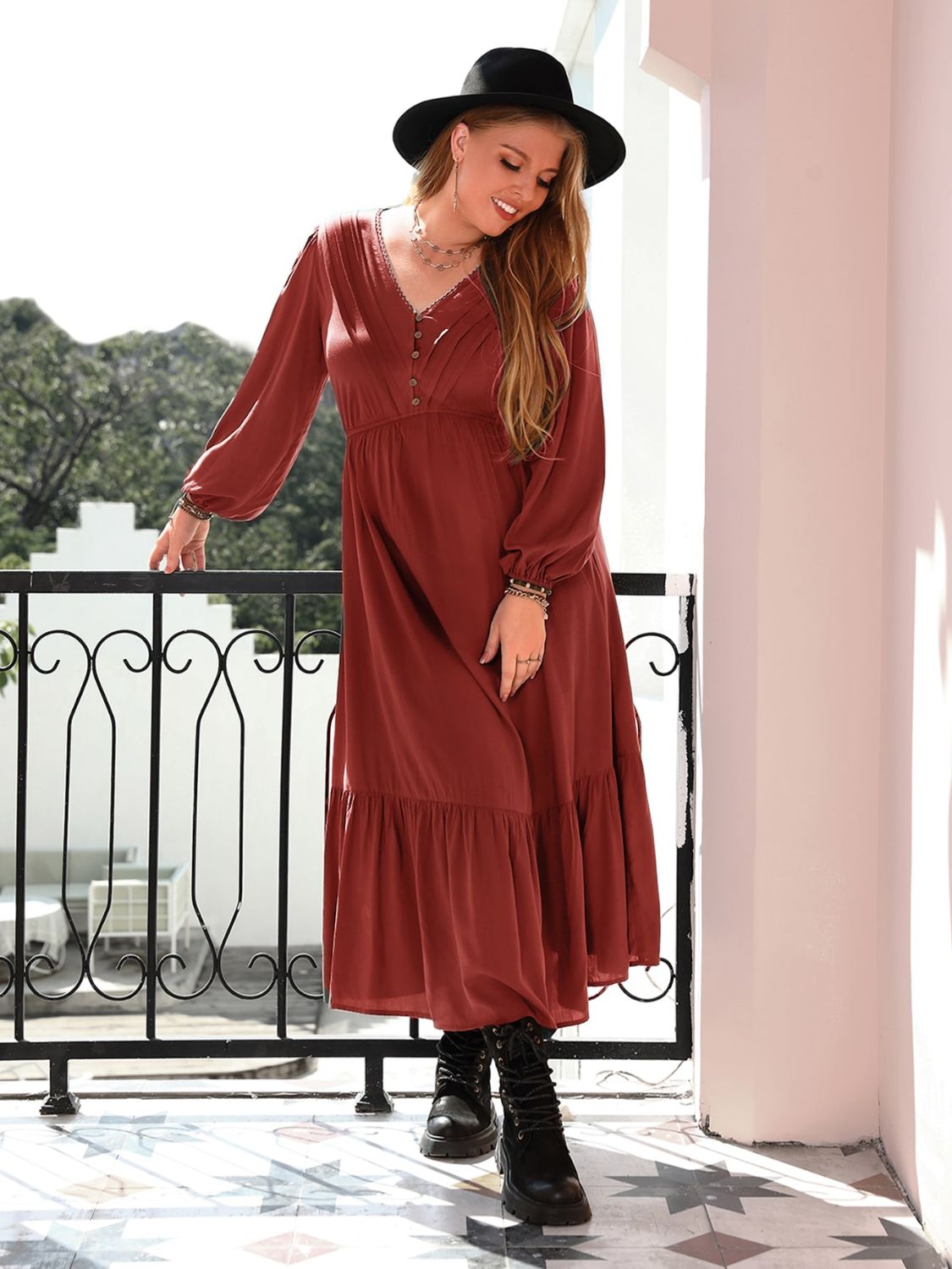 Plus Size Quarter Button V-Neck Long Sleeve Dress - Classique Collection