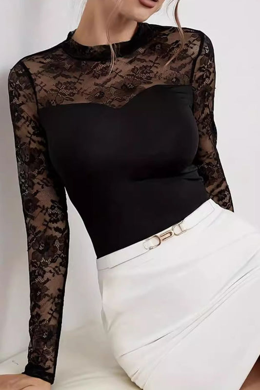 Lace Patchwork Mock Neck Long Sleeve Blouse - Classique Collection