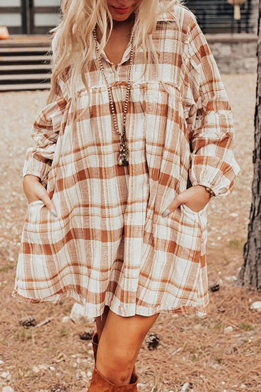 Plaid Collared Neck Long Sleeve Mini Shirt Dress - Classique Collection