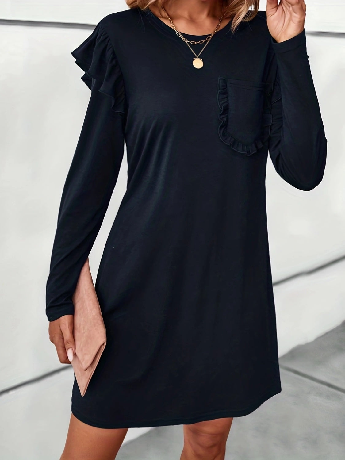 Ruffled Round Neck Long Sleeve Mini Dress - Classique Collection