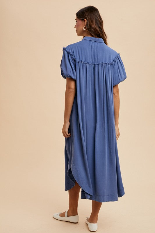Annie Wear Mineral Washed Button Down Puff Sleeve Shirt Dress - ClassiQ