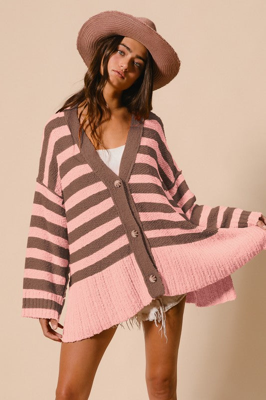 BiBi Slit Striped V-Neck Button Up Cardigan - Classique Collection