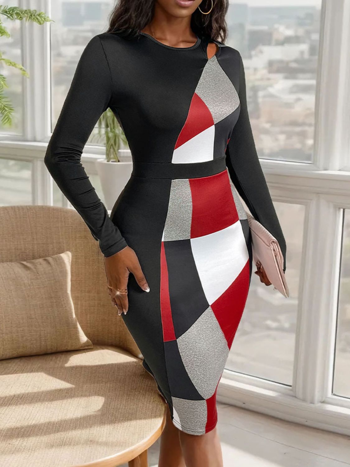 Perfee Cutout Color Block Round Neck Long Sleeve Dress - Classique Collection