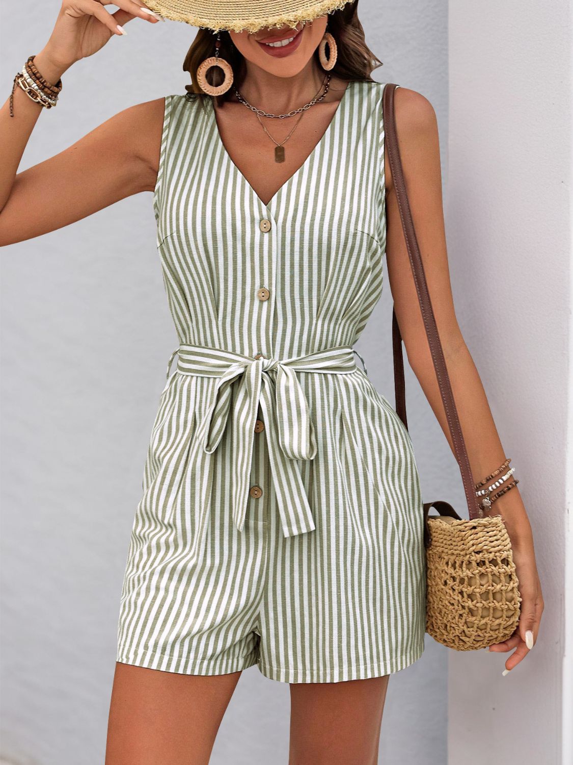 Perfee Striped V-Neck Tie Waist Romper - ClassiQ