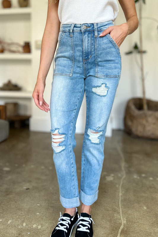 Judy Blue Full Size Distressed Straight Jeans with Patch Pockets - Classique Collection