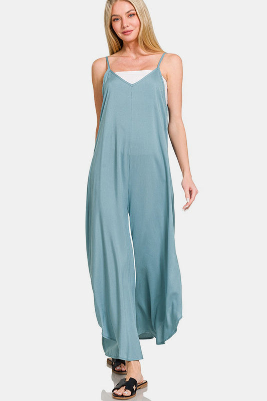Zenana Spaghetti Strap Wide Leg Overalls with Pockets - Classique Collection