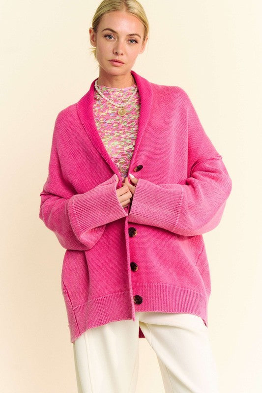 Davi & Dani Shawl Collar Ribbed Detail Button Up Cardigan - Classique Collection