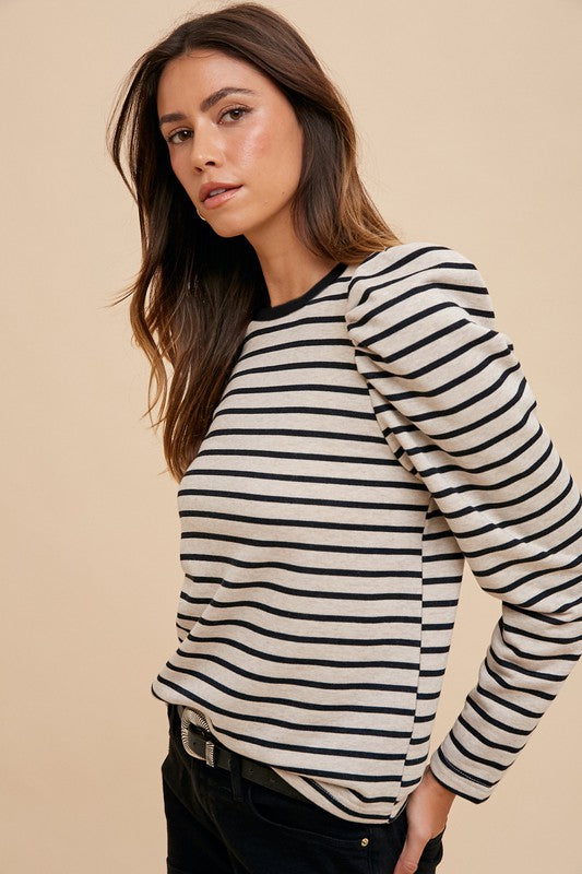 Annie Wear Striped Round Neck Puff Sleeve French Terry Top - ClassiQ