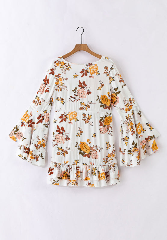 Printed V-Neck Flare Sleeve Mini Dress - Classique Collection